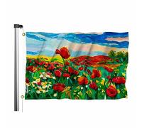 Swono Drapeau fleur de coquelicot rouge - 0,9 x 1,5 m Beau champ coucher de soleil montagne peinture à l'huile originale pour extérieur, intérieur, bureau, lieu de travail, maison, jardin, entreprise