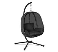 Swoods Fauteuil suspendu Egg - Chaise Suspendue avec Support - Pour Intérieur et Extérieur - Incl. Oreillers - Chaise Egg - Cocoon - Chaise Oeuf - Jusqu'à 150kg - Noir/Noir