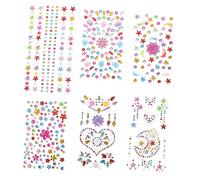 SWOOMEY Autocollants Strass Visage Bijoux 6 Feuilles Assortiment Taille Unique Autocollant Adhésif pour Garçon et Filles Festival Maquillage Corps Visage Étoiles Cœurs Fleurs