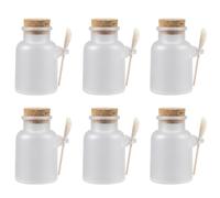 SWOOMEY Sets de Bouteilles Rechargeables pour Soins Personnels et Salons Étanche Lot de 6 Plastique Blanc Couvercle en Bois, Capacité 100g pour Sels de Bain et Poudre de Masque