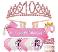 SWPEED 10ans Decoration Anniversaire Fille,10ans Echarpe et Couronne Anniversaire,Ballon Anniversaire Fille,Bougie 10 ans,Happy 10th Birthday Cake Toppers,Épingle à Perles,10 Anniversaire Princesse
