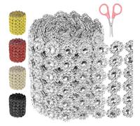 Swpeet 1 rouleau 4 pouces × 3 Yards 6 rangées de strass argenté avec ciseaux, strass en cristal artificiel Flower Mesh Band, ruban décoratif brillant enveloppé de diamants pour la décoration