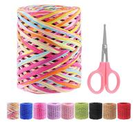 Swpeet 1 rouleau de ruban de papier raphia bleu clair et vert de 200 m avec ciseaux assortis, ficelle en raphia naturel kraft pour cadeaux, décorations florales