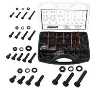 Swpeet 1045Pcs 20 Tailles M4 M5 M6 M8 M10 Noir Zinqué Boulons Hexagonaux Avec écrous et Kits d'assortiment de Rondelles Plates/Verrouillages, Métriques Lourds de Grade 8.8 et Kits