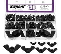 Swpeet 130Pcs 7Sizes M3 M4 M5 M6 M8 M10 M12 Kit d'assortiment d'écrous de papillon en nylon noir métrique, torsion à la main serrer l'écrou de papillon d'oreille écrous de fixation en plastique