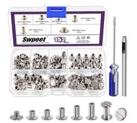 Swpeet 152 pièces m5x5mm, 6mm, 8mm, 10mm, 12mm argent vis rivets en cuir avec perforateur et tournevis rond tête plate goujons à double tête pour bricolage cuir artisanat et reliure