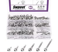 Swpeet 165Pcs 410 Stainless Steel #12 kit de combinaison de vis auto - perceuses, tête de rondelle hexagonale auto - perceuse tête de vis en tôle auto - taraudeuse (n ° 12, argent)