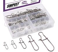 Swpeet 250Pcs 5 Tailles Forte Nice Pêche Swivels Snaps Kit, Noir Acier Inoxydable Pêche Snap Nickle Connecteurs pour Eau Douce Eau Salée Anneaux Pêche Connecteur - 40Ibs/55Ibs/77Ibs/110Ibs/220Ibs