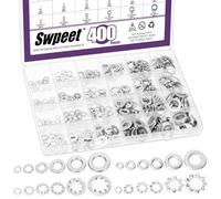 Swpeet 400Pcs 4 Styles #6#8#10 1/4" 5/16" 3/8" SAE inox rondelles Kit d’assortiment, rondelles de dents externes, serrure dentelée interne/serrure fendue/rondelle plate pour vis boulons