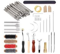 Swpeet 53Pcs Outils en cuir, Kit en cuir avec outils de timbre en cuir, couteau pivotant, roues de traçage, aiguilles à coudre en cuir, outil de rainure de couture réglable 7-en-1, Chisel plat