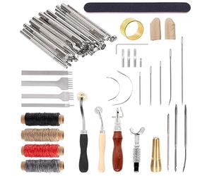 Swpeet 53Pcs Outils en cuir, Kit en cuir avec outils de timbre en cuir, couteau pivotant, roues de traçage, aiguilles à coudre en cuir, outil de rainure de couture réglable 7-en-1, Chisel plat