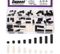 Swpeet Assortiment de 180 entretoises rondes en nylon noir et blanc avec entretoises en plastique ABS 3,2 mm OD 7 mm, longueur 3 mm, 5 mm, 6 mm, 8 mm, 10 mm, 12 mm, 18 mm, 20 mm, 25 mm pour vis M3