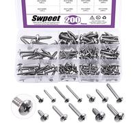 Swpeet Assortiment de 200 vis autotaraudeuses à tête bombée cruciforme en acier inoxydable 304 #6#8#10#12 pour tôle, bois, plastique PVC