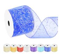Swpeet Bande de paillettes à motif tourbillon bleu de 6,35 cm × 9,14 mètres, ruban d'organza transparent avec bord métallique doré, bande de paillettes à motif tourbillon, ruban filé de Noël pour la