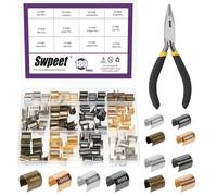 Swpeet Kit d'assortiment de 181 pièces 4 couleurs 8,5×14 mm 12×16 mm 15×17 mm, clips pour corde en cuir, tubes à sertir métalliques cylindriques, attaches pour cordon pliable, clips pour pampilles