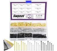 Swpeet Kit d'assortiment de 900 clous de quincaillerie en 4 tailles, clous galvanisés argentés, noirs, dorés, petits clous, clous à épingle, clous de finition, clous pour suspendre, clous muraux pour