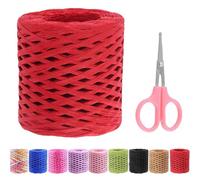 Swpeet Kit de 1 rouleau de beau ruban en papier kraft rouge de 218 verges avec ciseaux, kit d'assortiment pour artisanat en raphia naturel, corde en raphia, emballage artisanal en papier ficelle