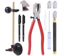 Swpeet Kit de 11 outils de coupe de verre, pince à mâchoire incurvée avec embouts en caoutchouc, pointe en carbure de tungstène, coupe-verre circulaire, 2 lames avec compte-gouttes