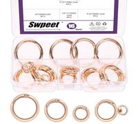Swpeet Kit de 16 pièces, 3 tailles, anneaux O de printemps dorés et crochets de printemps ronds pivotants, assortiment de mousquetons porte-clés, clips, anneaux O, crochets, fermetures à glissière de
