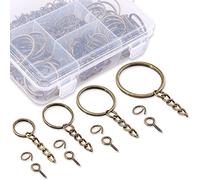 Swpeet Kit de 300 anneaux porte-clés en bronze, 100 anneaux porte-clés avec chaîne et 100 anneaux ouverts avec 100 épingles à œillet à vis en vrac pour la fabrication de bijoux - 1,9 cm, 1,2 cm, 2,5
