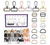 Swpeet Kit de 90 pièces, 6 couleurs, anneaux en D métalliques de 25 mm, glissières ajustables rectangulaires, boucles à rabat, anneaux en D pivotants, fermoir homard, anneaux en D semi-circulaires