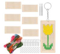 Swpeet Kit de broderie au point de croix en bois de forme rectangulaire de 64 pièces avec porte-clés, anneaux de jonction, fil et aiguilles, kit de couture en bois pour débutants, kit de broderie à