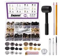 Swpeet Lot de 100 sets boutons pression en cuir de 15 mm avec 4 outils de fixation et assortiment de marteau en plastique, boutons de bricolage, boutons en cuir, boutons en métal, boutons pression
