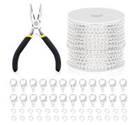 Swpeet Lot de 102 chaînes argentées de 3 mm x 9,1 m de long pour fabrication de bijoux avec anneaux ouverts, fermoirs mousquetons et pince à bijoux, chaînes à maillons plats en vrac, idéal pour la