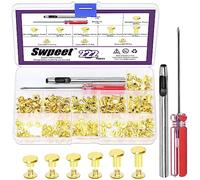 Swpeet Lot de 110 rivets en cuir doré M5 x 4 mm/5 mm/6 mm/8 mm/10 mm/12 mm avec kit d'outils d'installation, rivets à vis M5 Chicago pour réparation du cuir