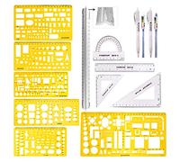 Swpeet Lot de 12 modèles de dessins géométriques en plastique jaune, 4 modèles de mesure géométriques différents avec 2 crayons et 4 règles de mesure pour l'ingénierie du dessin