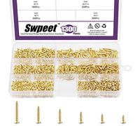 Swpeet Lot de 1295 petites vis à bois, 5 mm, 6 mm, 8 mm, 10 mm, 12 mm, 16 mm - Vis auto-foreuses à tête cruciforme plate - Vis autotaraudeuses - Vis à métal - Pour meubles - Dorées