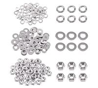 Swpeet Lot de 150 écrous hexagonaux SAE 304 en acier inoxydable #8-81,3 cm et rondelles plates #8 avec rondelles de verrouillage fendues #8, écrou hexagonal à filetage grossier pour une utilisation à