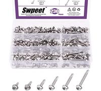 Swpeet Lot de 230 vis auto-foreuses en acier inoxydable 410 #10 à tête hexagonale auto-foreuse pour tôle, vis autotaraudeuses antirouille pour métal (#10, argent)