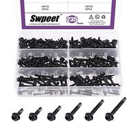 Swpeet Lot de 235 vis autoforeuses noires en acier inoxydable 410 # 10, tête de rondelle hexagonale, vis autoforeuses, vis autotaraudeuses en métal antirouille