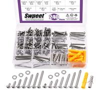 Swpeet Lot de 240 vis autotaraudeuses rapides pour cloison sèche 3/8", 5/8", 3/4", 1-1/2", 1-3/4", 304 en acier inoxydable 304 à tête plate et à tête cylindrique pour cloison sèche Ancre