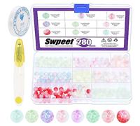 Swpeet Lot de 280 Perles en Cristal Acrylique - 8 Couleurs, Rondes en Verre Craquelé et Transparentes - Avec Cordon Élastique pour Bracelet et Accessoires de Ciseaux Mignons