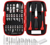 Swpeet Lot de 30 couteaux de précision rouges pour loisirs créatifs comprenant des lames #1#2#4#7#10#11#12#17#19#20, crochet/pointues, gouge U/V, manche de couteau, aiguille, grès, pince à épiler pour