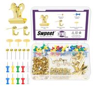 Swpeet Lot de 310 punaises dorées, y compris des punaises, des crochets à punaises, des pinces à punaises, des punaises décoratives et des punaises de carte, accessoires de bureau dorés 5 styles,