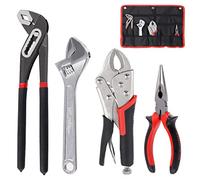 Swpeet Lot de 4 pinces avec pochette de rangement, comprenant une pince à rainure et languette, une pince pour pompe à eau, un long bec, une coupe diagonale, une pince de verrouillage, une clé