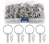 Swpeet Lot de 450 anneaux porte-clés argentés de 25 mm avec 150 anneaux porte-clés avec chaîne et œillets à visser - Boîte en plastique ou boîte en carton - Livraison aléatoire