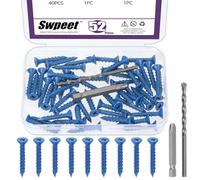 Swpeet Lot de 52 chevilles à béton à tête plate de 6,35 mm x 8,9 cm avec embouts de tournevis et forets assortis, vis à béton autotaraudeuses pour ancrage à blocs de (3/16"×1-1/4")