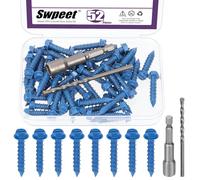 Swpeet Lot de 52 vis à béton à tête hexagonale fendue de 6,35 mm x 3,8 cm avec douille hexagonale et assortiment de forets, vis à ciment autotaraudeuses pour ancrage aux blocs de maçonnerie, brique