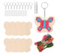 Swpeet Lot de 64 formes de papillon en bois pour point de croix avec porte-clés, anneaux de jonction, fil et aiguilles, kit de couture en bois pour débutants, kit de broderie à l'aiguille pour