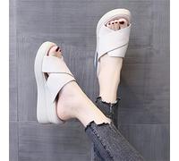 SWTKO Sandales Compensées pour Femmes Chaussures Plates D'été Confortables À Plate-Forme Bohême Mules Pantoufles À Bout Ouvert Chaussures de Plage,Beige,US7/EU38