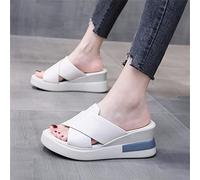 SWTKO Sandales Compensées pour Femmes Pantoufles À Bout Ouvert D'été Chaussures de Marche Plateforme Sandales de Plage Confortables et Respirantes,Beige,US7/EU38