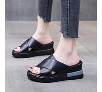 SWTKO Sandales Compensées pour Femmes Pantoufles À Bout Ouvert D'été Chaussures de Marche Plateforme Sandales de Plage Confortables et Respirantes,Noir,US7/EU38