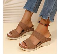 SWTKO Sandales Femme Été Confortable Élégantes Pantoufles en Cuir À Epaisse Talons Chaussures Chic Élégante Vacances Compensées Bout Ouvert Mules,Marron,US6/EU37