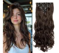 Swy Hair Lot de 7 extensions de cheveux synthétiques à clipser - Ondulés - Raides - Marron 2 - M2