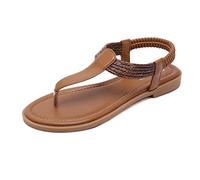 SWZEC Sandales Femmes Plates Été Nu Pieds Confortable Bout Ouvert Cuir PU Tongs Mode Claquettes Bohême Élégance à Talons Plats Chaussures pour Plage Vacances Marron 41