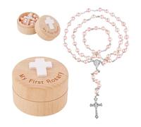 SWZY Collier de perles pour enfants, cadeau de baptême pour bébé fille garçon, cadeau de baptême, cadeau de première communion, chapelet pour enfants avec pendentif en croix, boîte souvenir en bois